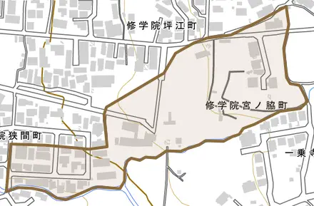 修学院宮ノ脇町とその周辺の地図。町の範囲を重ねている