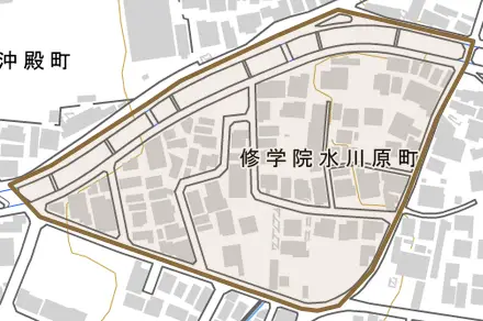 修学院水川原町とその周辺の地図。町の範囲を重ねている