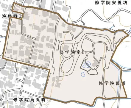 修学院室町とその周辺の地図。町の範囲を重ねている