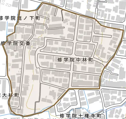 修学院中林町とその周辺の地図。町の範囲を重ねている