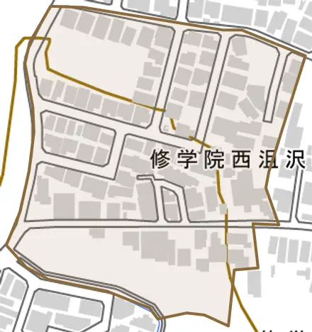 修学院西沮沢町とその周辺の地図。町の範囲を重ねている