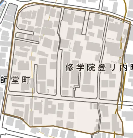 修学院登リ内町とその周辺の地図。町の範囲を重ねている