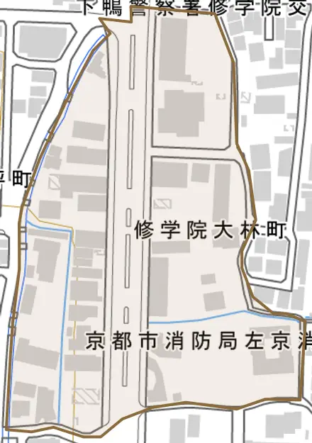 修学院大林町とその周辺の地図。町の範囲を重ねている