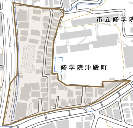 修学院沖殿町とその周辺の地図。町の範囲を重ねている