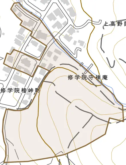 修学院守禅庵とその周辺の地図。町の範囲を重ねている