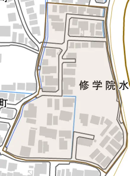 修学院水上田町とその周辺の地図。町の範囲を重ねている