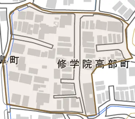 修学院高部町とその周辺の地図。町の範囲を重ねている