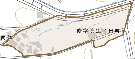 修学院辻ノ田町とその周辺の地図。町の範囲を重ねている