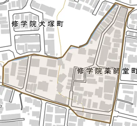修学院薬師堂町とその周辺の地図。町の範囲を重ねている