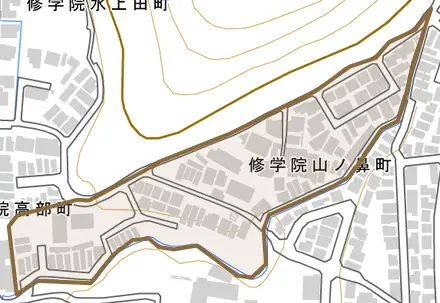 修学院山ノ鼻町とその周辺の地図。町の範囲を重ねている