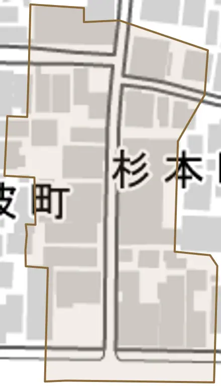 杉本町とその周辺の地図。町の範囲を重ねている