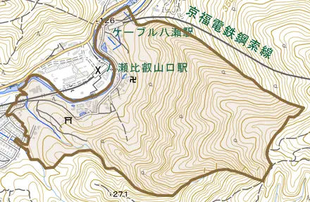 上高野東山とその周辺の地図。町の範囲を重ねている