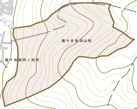鹿ケ谷多頂山町とその周辺の地図。町の範囲を重ねている