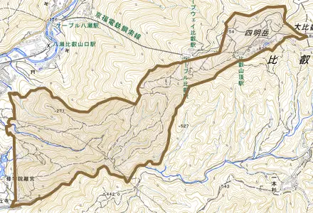 修学院尺羅ケ谷四明ケ嶽とその周辺の地図。町の範囲を重ねている