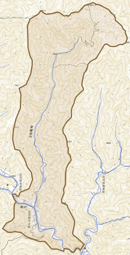 広河原下之町とその周辺の地図。町の範囲を重ねている