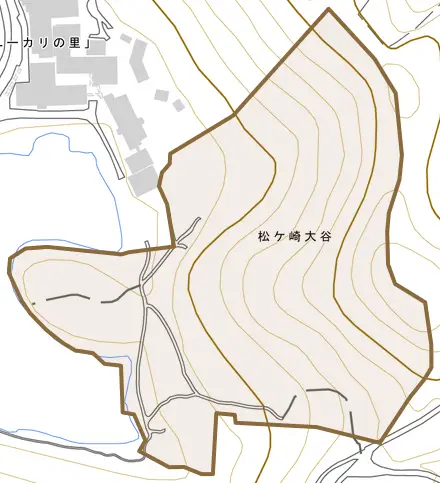 松ケ崎大谷とその周辺の地図。町の範囲を重ねている