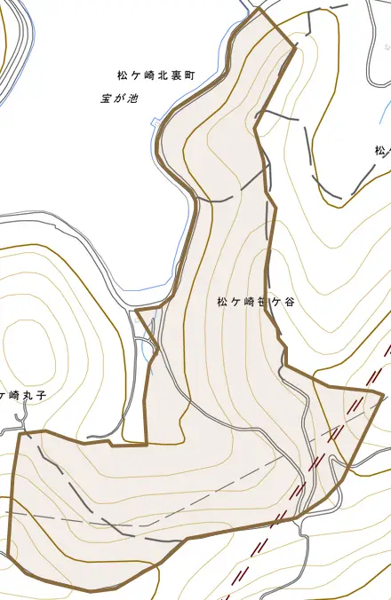 松ケ崎笹ケ谷とその周辺の地図。町の範囲を重ねている