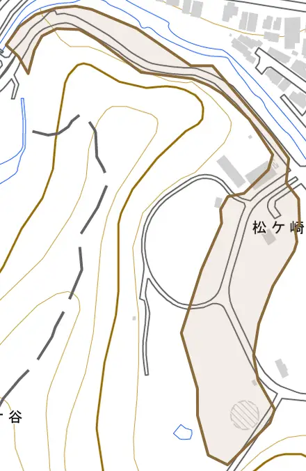 松ケ崎千石岩とその周辺の地図。町の範囲を重ねている