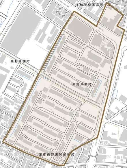 高野東開町とその周辺の地図。町の範囲を重ねている