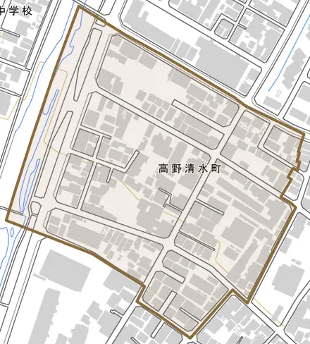 高野清水町とその周辺の地図。町の範囲を重ねている