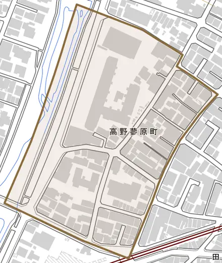 高野蓼原町とその周辺の地図。町の範囲を重ねている