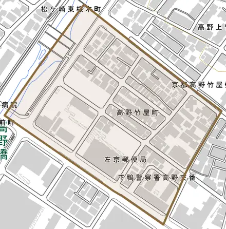 高野竹屋町とその周辺の地図。町の範囲を重ねている