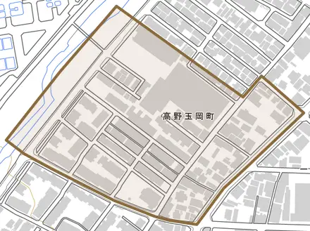 高野玉岡町とその周辺の地図。町の範囲を重ねている