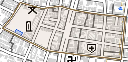 田中飛鳥井町とその周辺の地図。町の範囲を重ねている