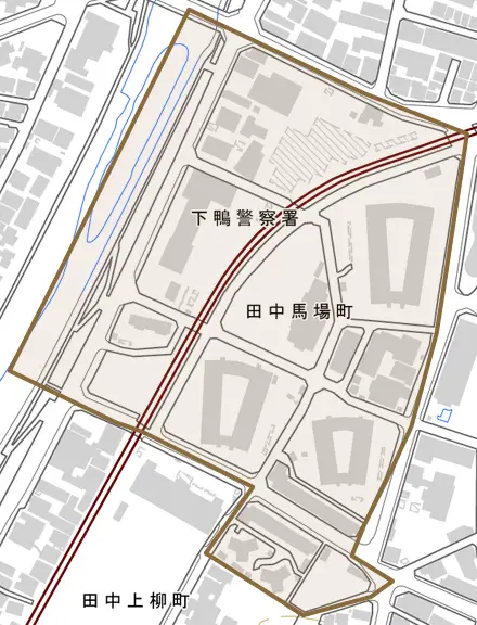 田中馬場町とその周辺の地図。町の範囲を重ねている
