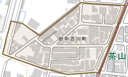 田中古川町とその周辺の地図。町の範囲を重ねている