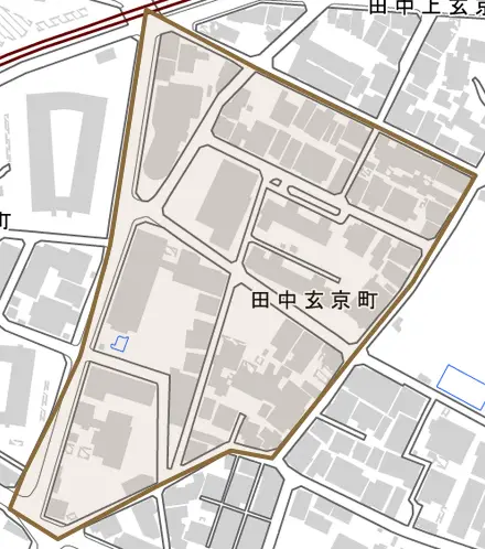 田中玄京町とその周辺の地図。町の範囲を重ねている
