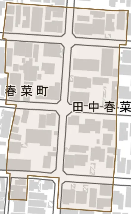 田中春菜町とその周辺の地図。町の範囲を重ねている