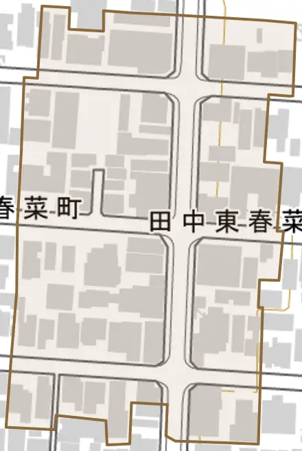 田中東春菜町とその周辺の地図。町の範囲を重ねている