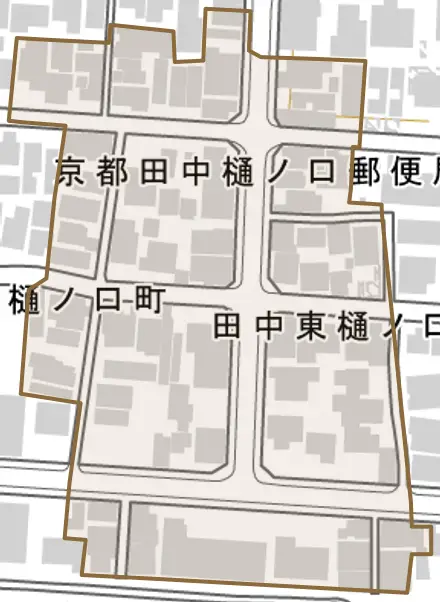 田中東樋ノ口町とその周辺の地図。町の範囲を重ねている