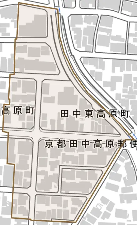 田中東高原町とその周辺の地図。町の範囲を重ねている