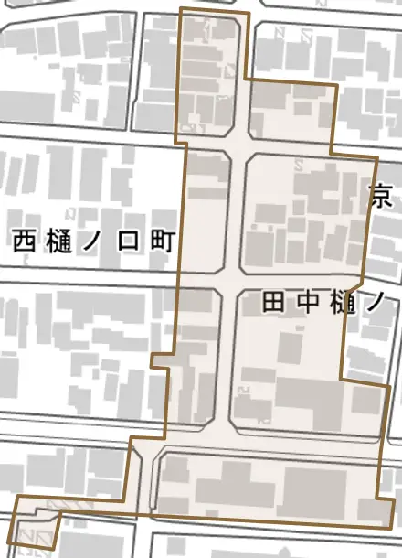 田中樋ノ口町とその周辺の地図。町の範囲を重ねている