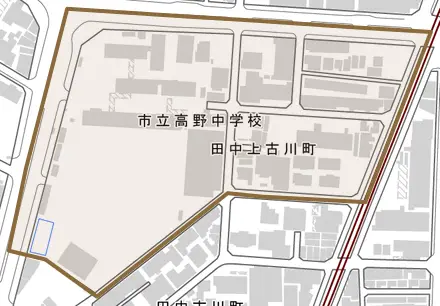 田中上古川町とその周辺の地図。町の範囲を重ねている
