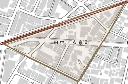 田中上玄京町とその周辺の地図。町の範囲を重ねている