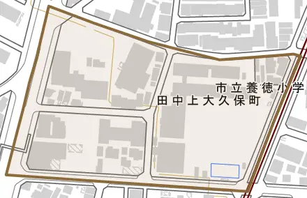 田中上大久保町とその周辺の地図。町の範囲を重ねている