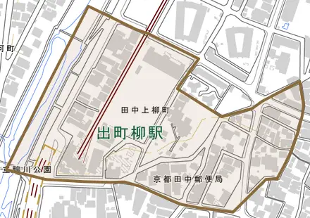 田中上柳町とその周辺の地図。町の範囲を重ねている