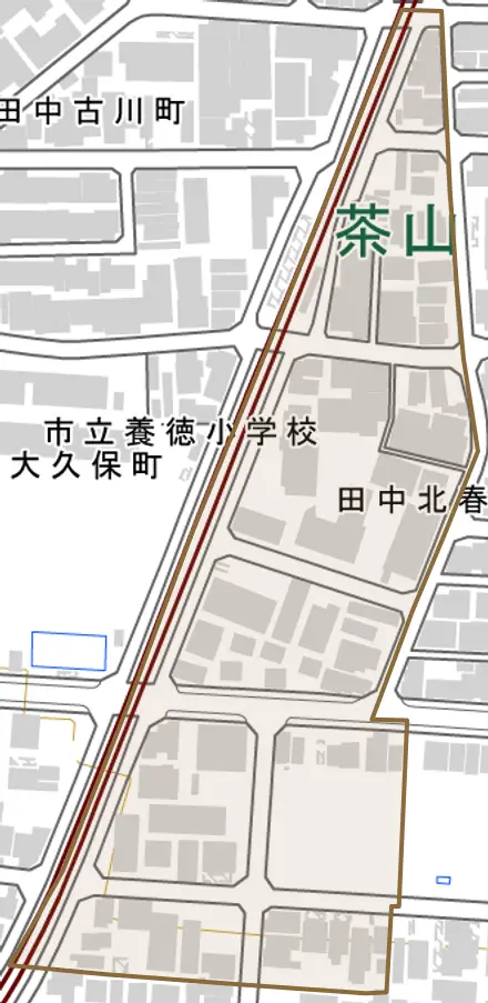 田中北春菜町とその周辺の地図。町の範囲を重ねている