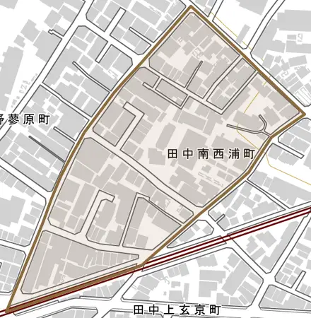 田中南西浦町とその周辺の地図。町の範囲を重ねている