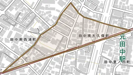田中南大久保町とその周辺の地図。町の範囲を重ねている
