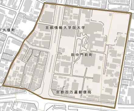 田中門前町とその周辺の地図。町の範囲を重ねている