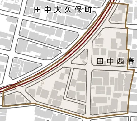 田中西春菜町とその周辺の地図。町の範囲を重ねている