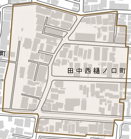 田中西樋ノ口町とその周辺の地図。町の範囲を重ねている