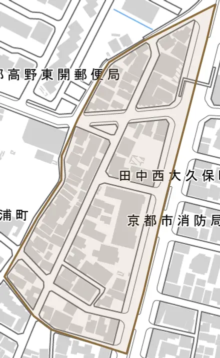 田中西大久保町とその周辺の地図。町の範囲を重ねている