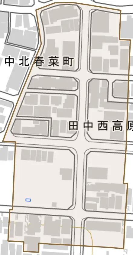 田中西高原町とその周辺の地図。町の範囲を重ねている