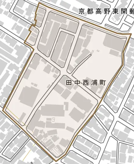 田中西浦町とその周辺の地図。町の範囲を重ねている