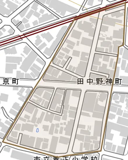 田中野神町とその周辺の地図。町の範囲を重ねている